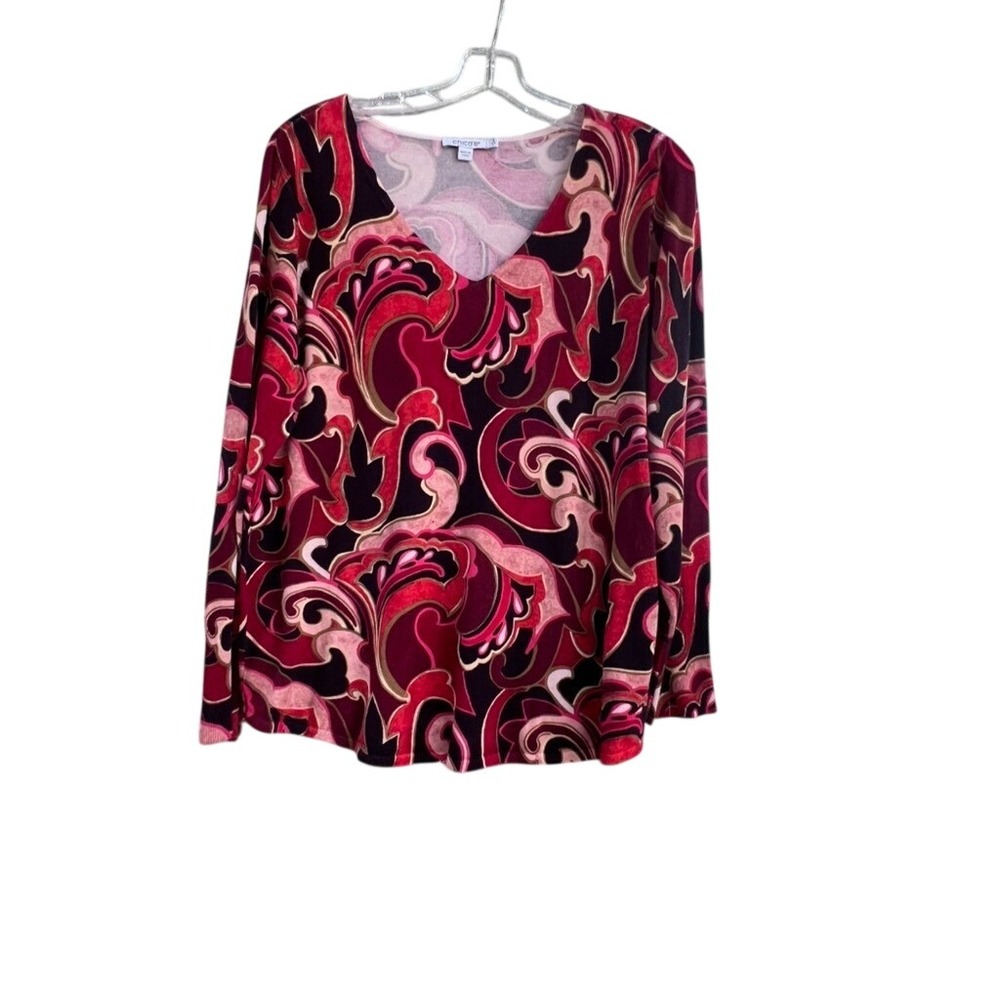 Chicos Pink Burgundy Paisley V-Neck Long Sleeve Knit Sweater Top Womens Size 2 L